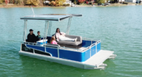 Paddle King - 2025 Lo Pro Solar - Small Pontoon Boat, Electric Motor, Solar Charging Panels, Custom Trailer, Bimini and Mooring Cover