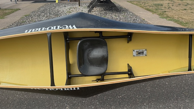 Wenonah J203 Racing Canoe - Graphite Ultra-Light - Wood Inwales w Black Accent, Center Bailer, Integrated Race Seat with Foot Brace - Blem - Image 4