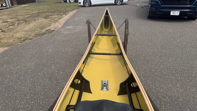 Wenonah J203 Racing Canoe - Graphite Ultra-Light - Wood Inwales w Black Accent, Center Bailer, Integrated Race Seat with Foot Brace - Blem - Image 6